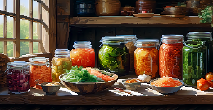 A kitchen table filled with colorful fermented foods, including kimchi, sauerkraut, and tempeh, illuminated by sunlight.