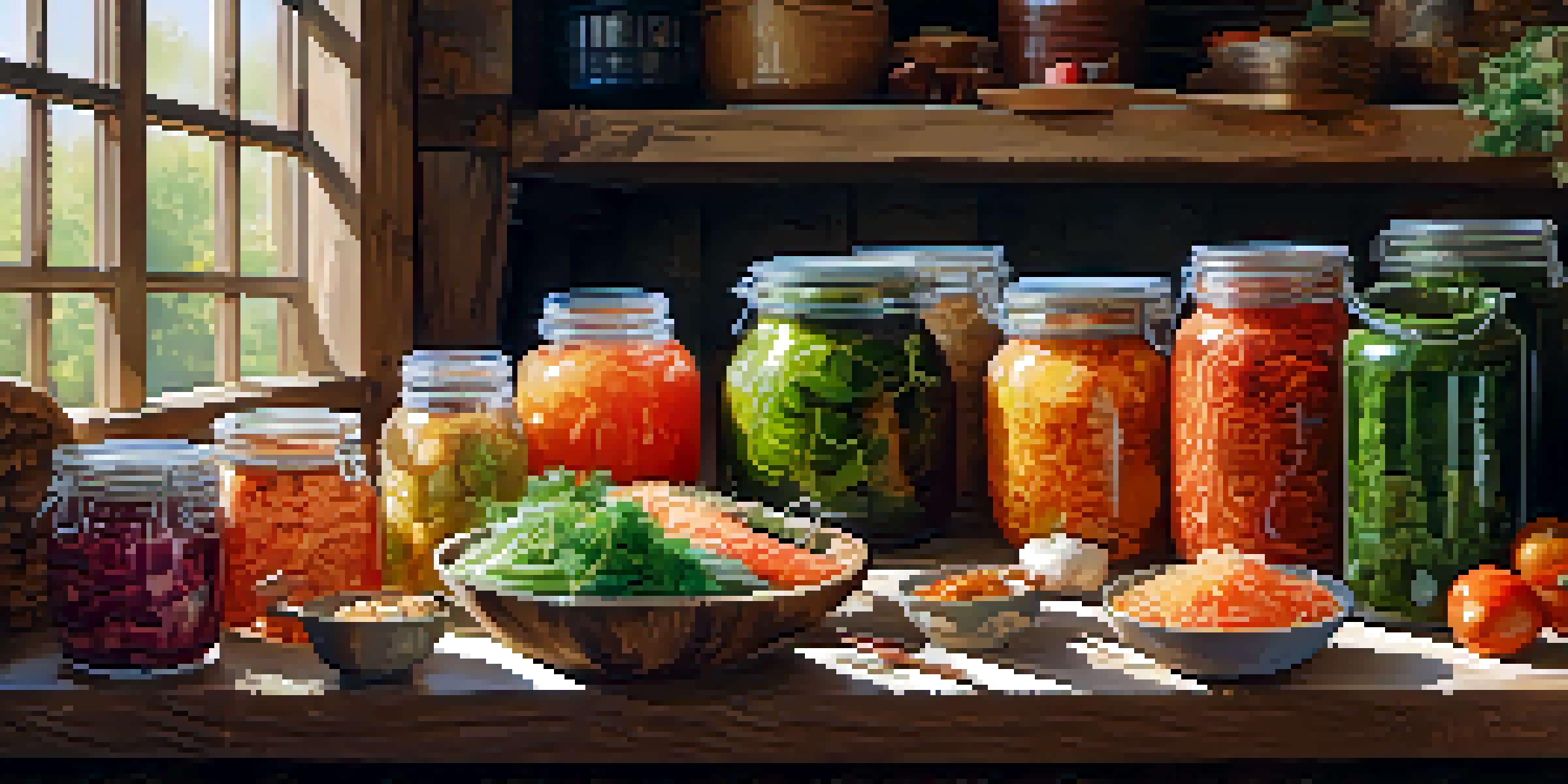 A kitchen table filled with colorful fermented foods, including kimchi, sauerkraut, and tempeh, illuminated by sunlight.