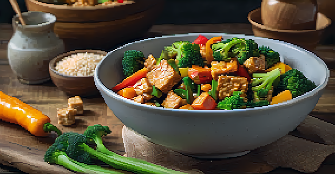 A colorful stir-fried dish featuring tempeh and assorted vegetables, beautifully arranged in a rustic bowl.