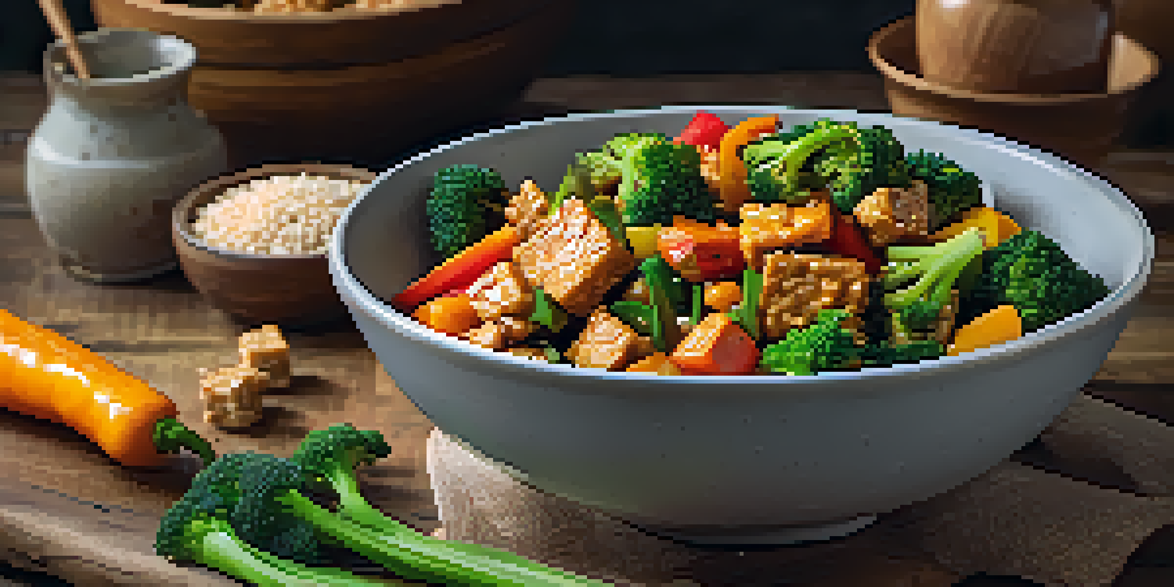 A colorful stir-fried dish featuring tempeh and assorted vegetables, beautifully arranged in a rustic bowl.