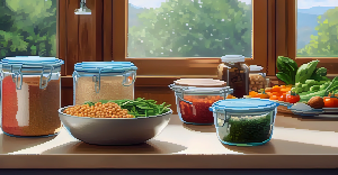 A colorful vegan meal prep station with bowls of quinoa, chickpeas, and fresh vegetables, showcasing a bright and inviting kitchen environment.