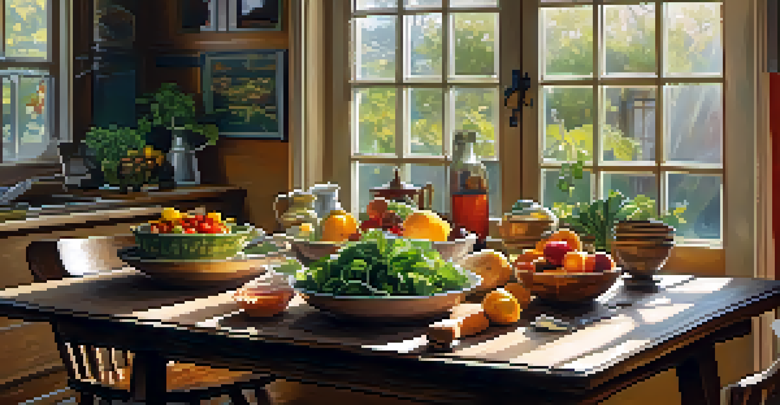 A kitchen table beautifully arranged with a variety of plant-based dishes in natural light.