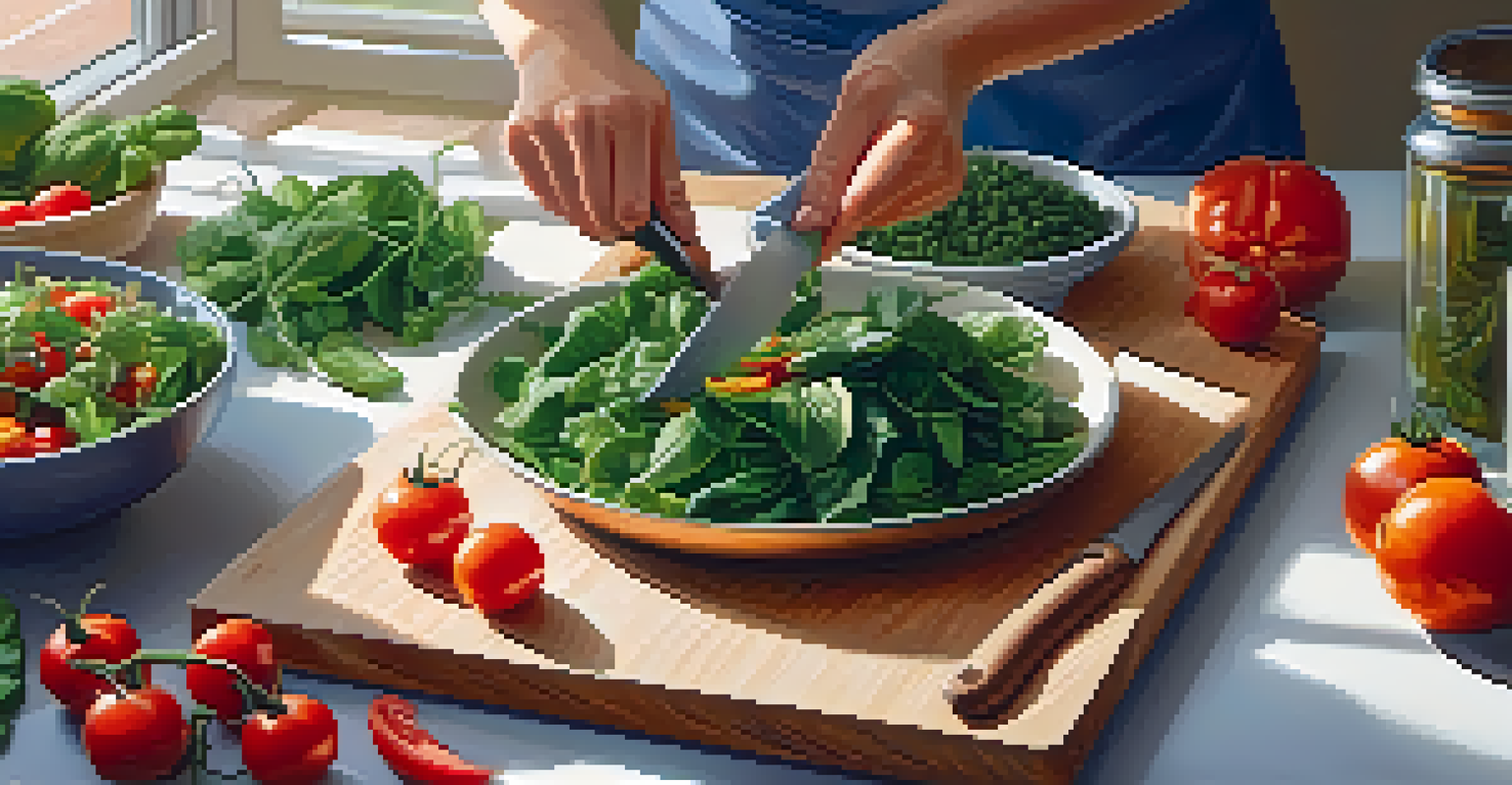 Hands chopping fresh vegetables in a kitchen, surrounded by colorful ingredients like tomatoes and spinach, illuminated by sunlight.