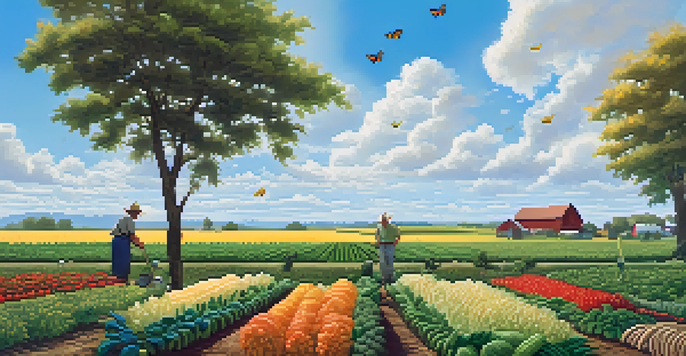 A farmer tending to a diverse array of crops on a sunlit farm, showcasing vibrant vegetables and grains under a clear blue sky.