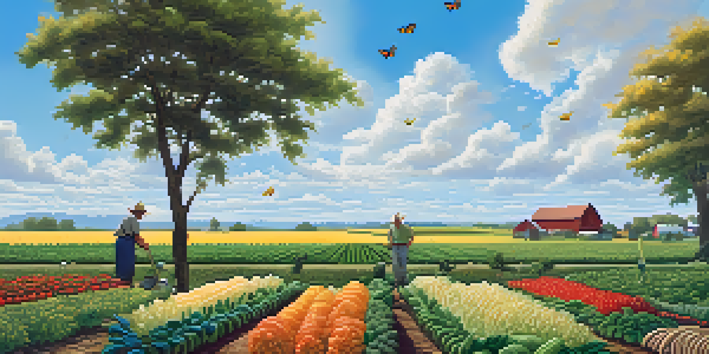 A farmer tending to a diverse array of crops on a sunlit farm, showcasing vibrant vegetables and grains under a clear blue sky.