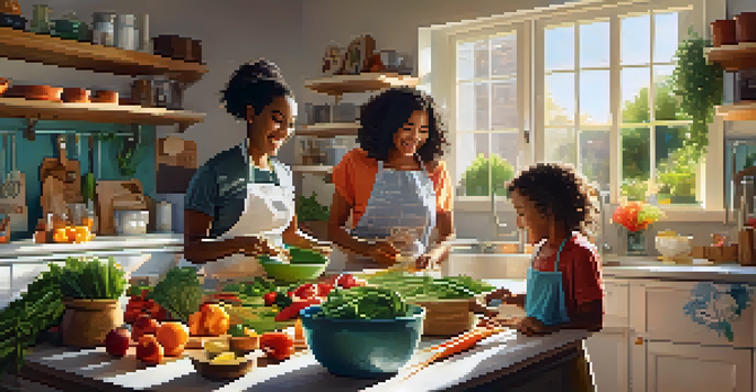 A diverse family joyfully cooking together in a bright kitchen, surrounded by colorful vegetables and fruits, with sunlight streaming in.