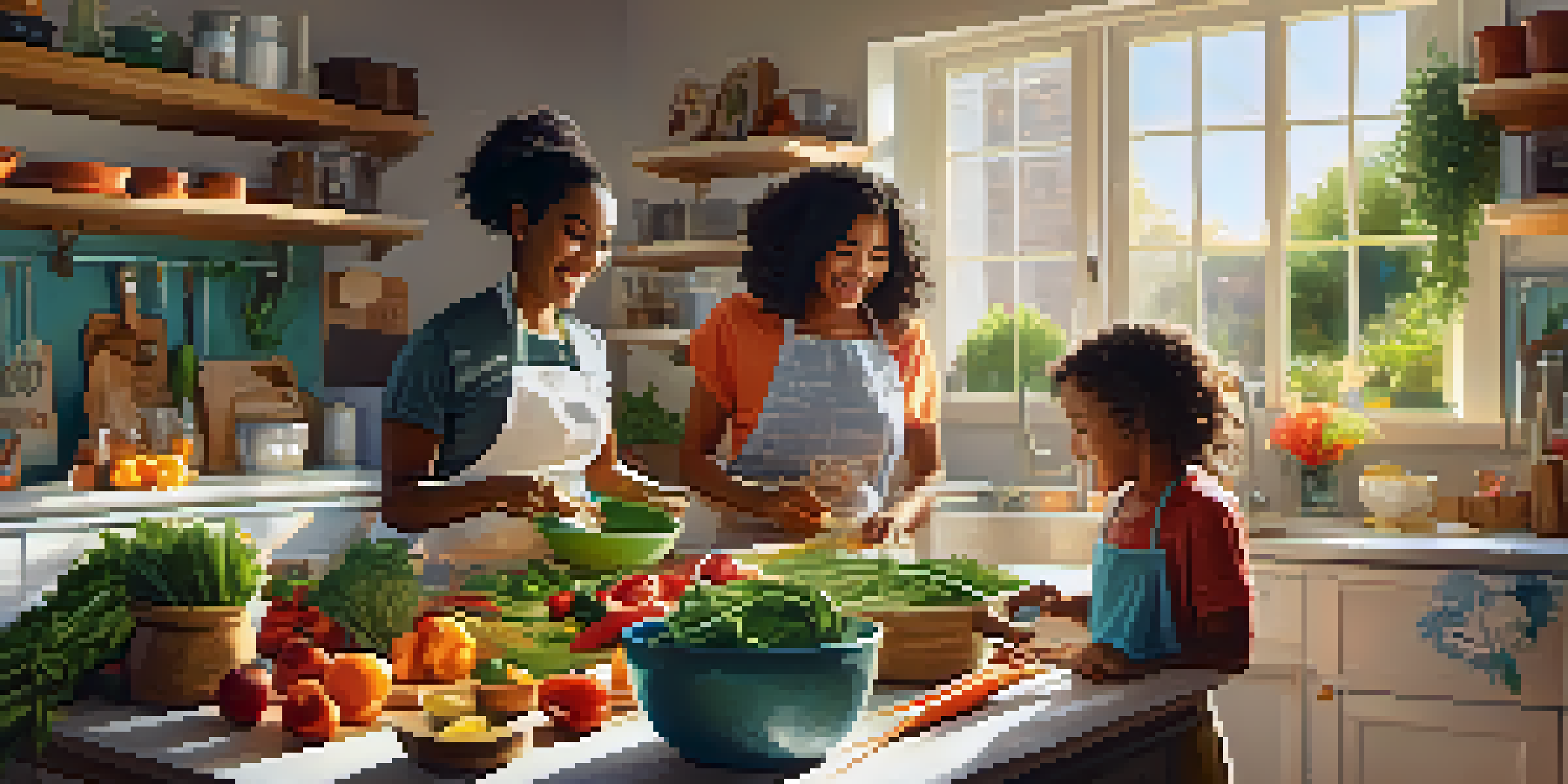 A diverse family joyfully cooking together in a bright kitchen, surrounded by colorful vegetables and fruits, with sunlight streaming in.