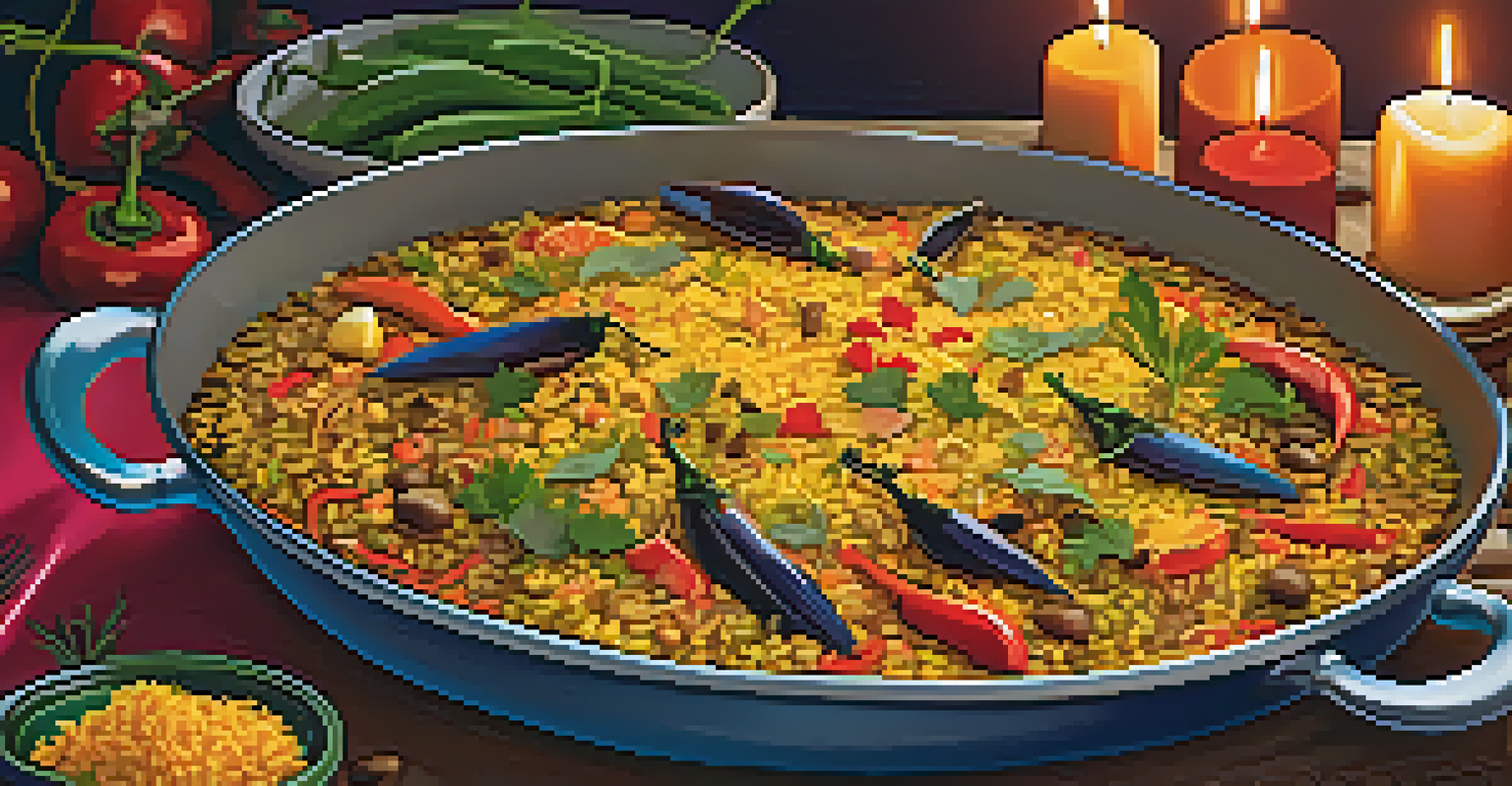 A pan of vibrant vegan paella with vegetables and saffron-infused rice, set on a festive dining table.