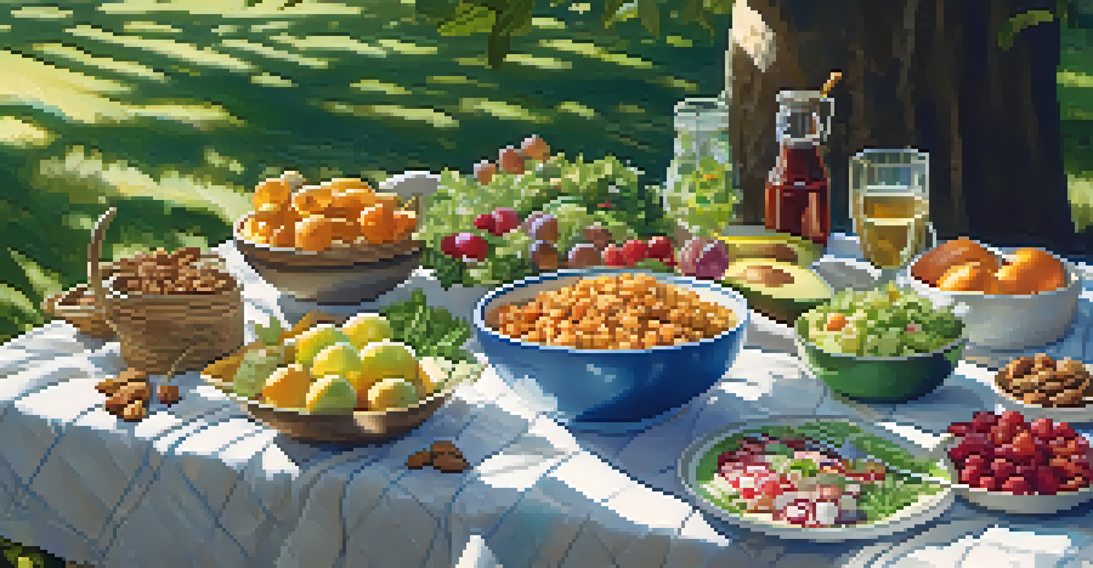 A picnic blanket laid out under a tree with an assortment of colorful plant-based dishes and sunlight filtering through the leaves.