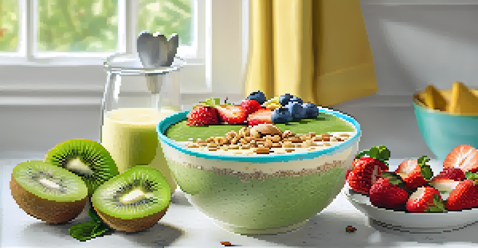 A colorful smoothie bowl filled with green smoothie and topped with fruits and granola, displayed in a bright kitchen.