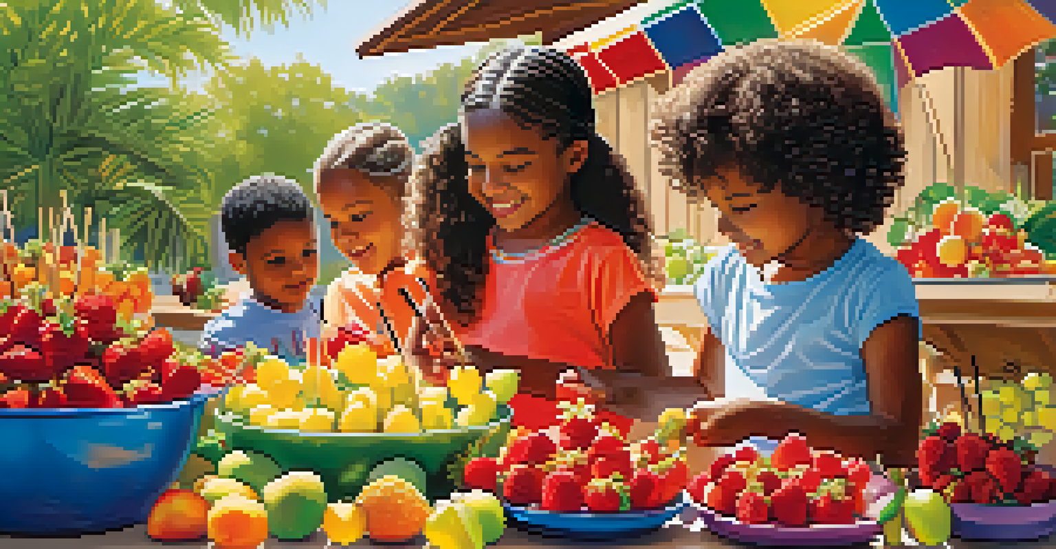 Children assembling colorful fruit kabobs with various fruits displayed in bowls, creating a fun and interactive snack preparation activity.