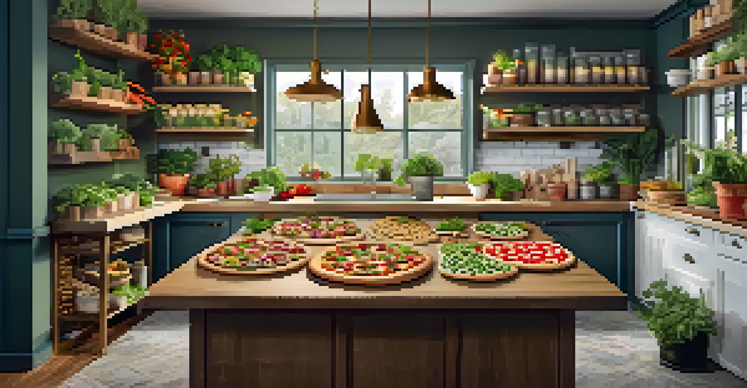 A plant-based pizza bar with different doughs, sauces, and toppings displayed invitingly in a cozy kitchen.