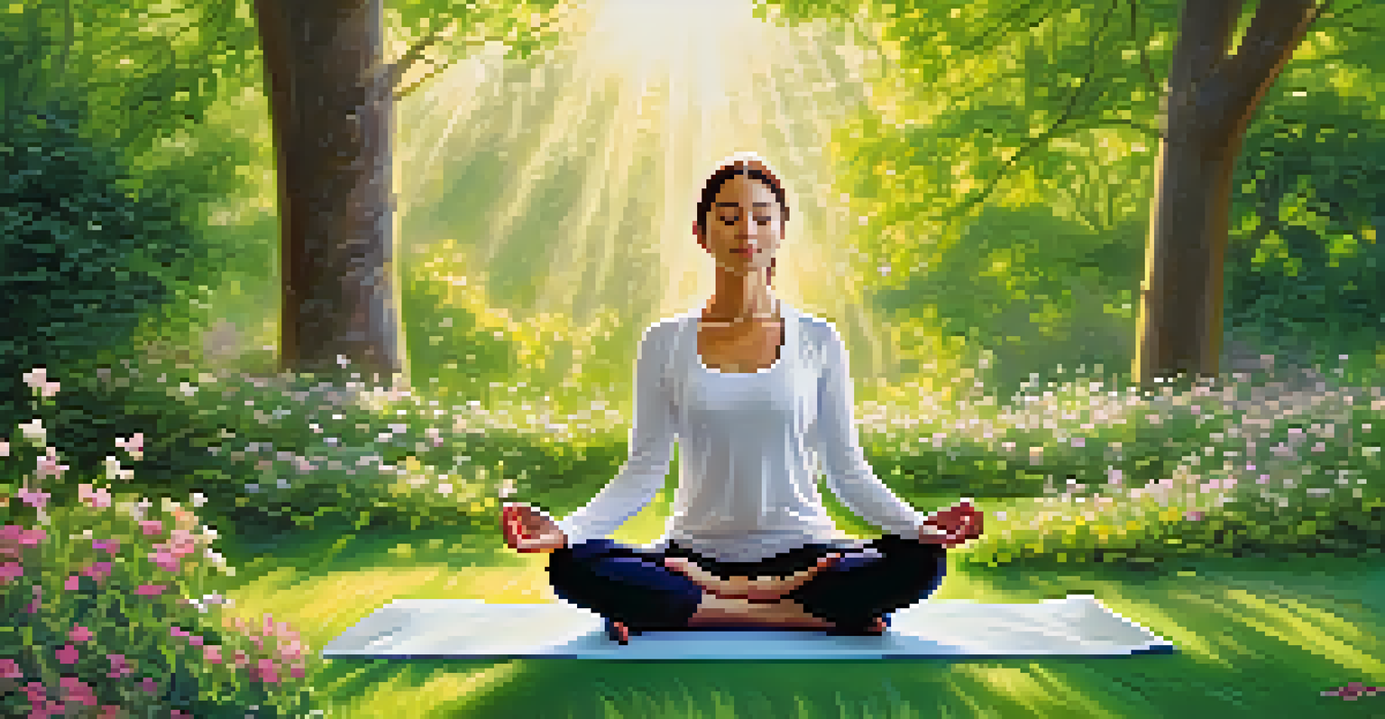 A woman practicing yoga in a green park surrounded by colorful flowers, with sunlight filtering through trees.