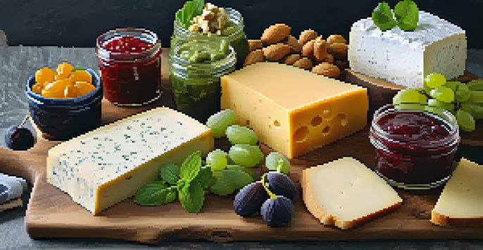 A colorful vegan cheese platter featuring various cheeses, fresh fruits, and vegetables on a wooden board.