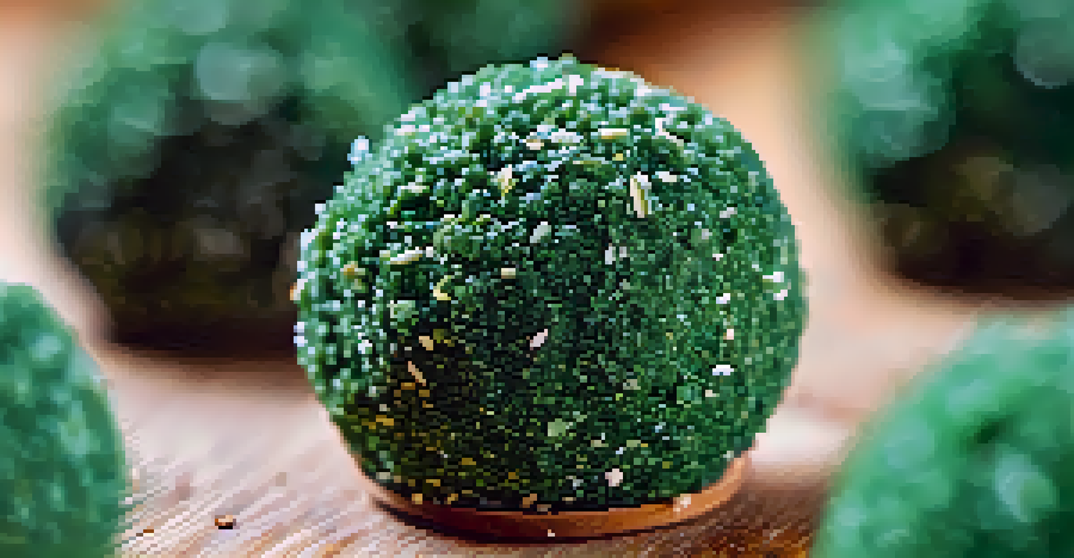 Close-up of spirulina energy balls made from dates and nuts on a wooden board, with a blurred background.