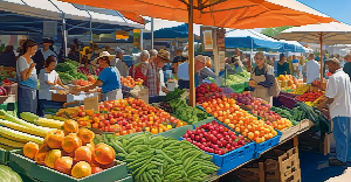 A busy farmer's market with colorful fruits and vegetables, people interacting and selecting fresh produce under a bright blue sky.