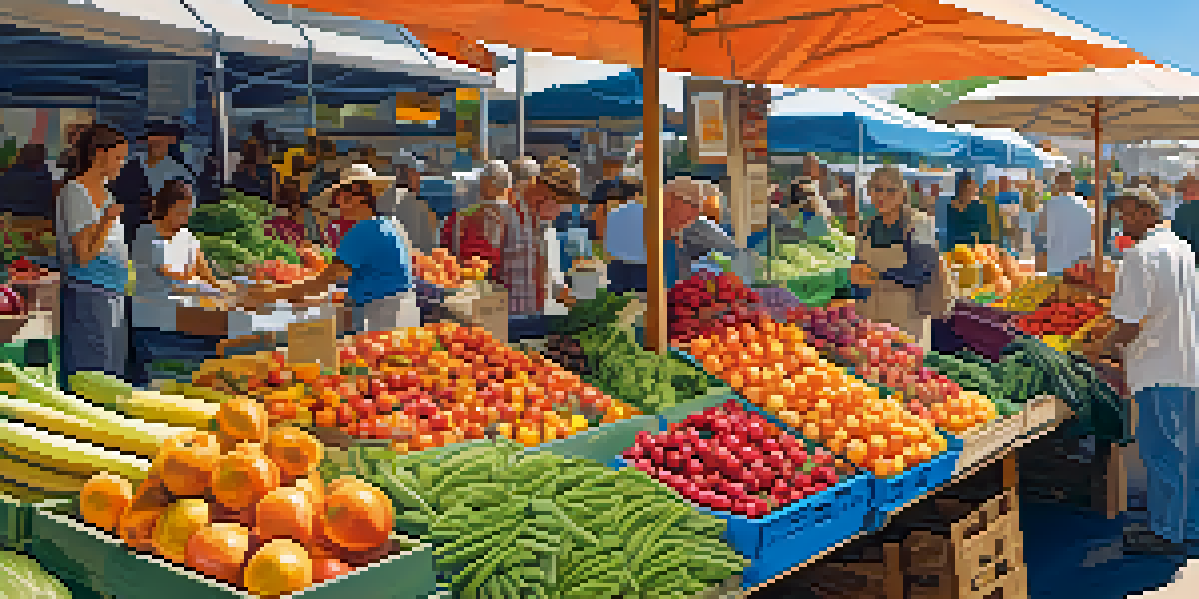 A busy farmer's market with colorful fruits and vegetables, people interacting and selecting fresh produce under a bright blue sky.
