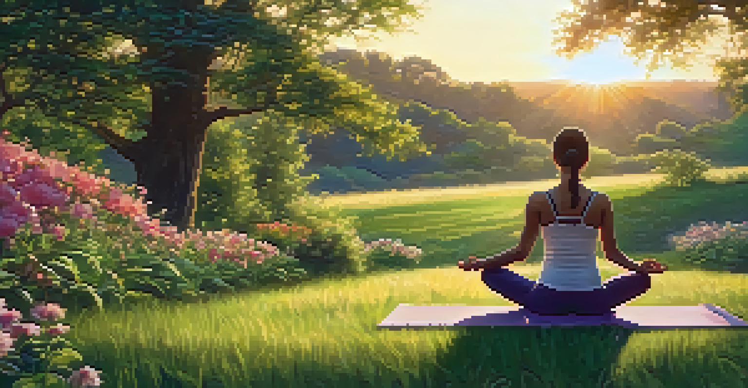 A person practicing yoga in a grassy field during sunset, surrounded by greenery and blooming flowers.