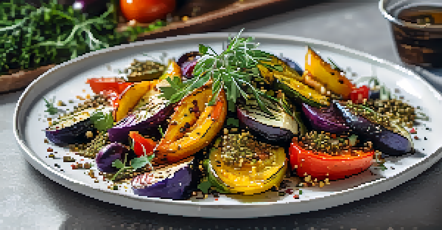 A plated vegan dish of roasted vegetables with za'atar seasoning, garnished with fresh herbs, set against a softly blurred background.