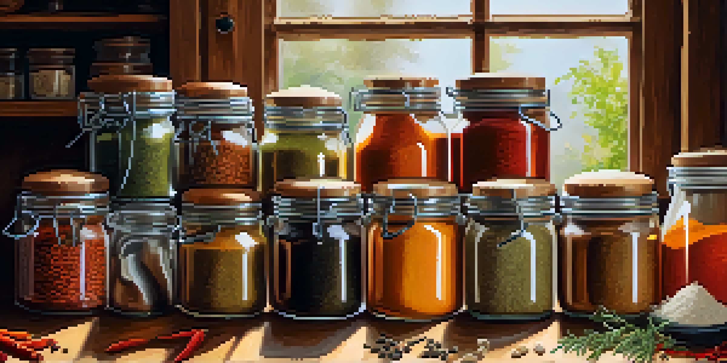 A colorful assortment of spices in jars on a rustic kitchen counter, with fresh herbs and vegetables, illuminated by warm sunlight.