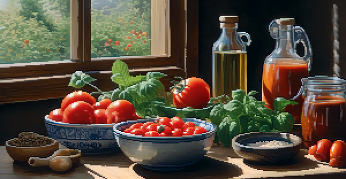 A rustic kitchen table filled with fresh tomatoes, various mushrooms, and a bowl of miso paste, illuminated by soft natural light.
