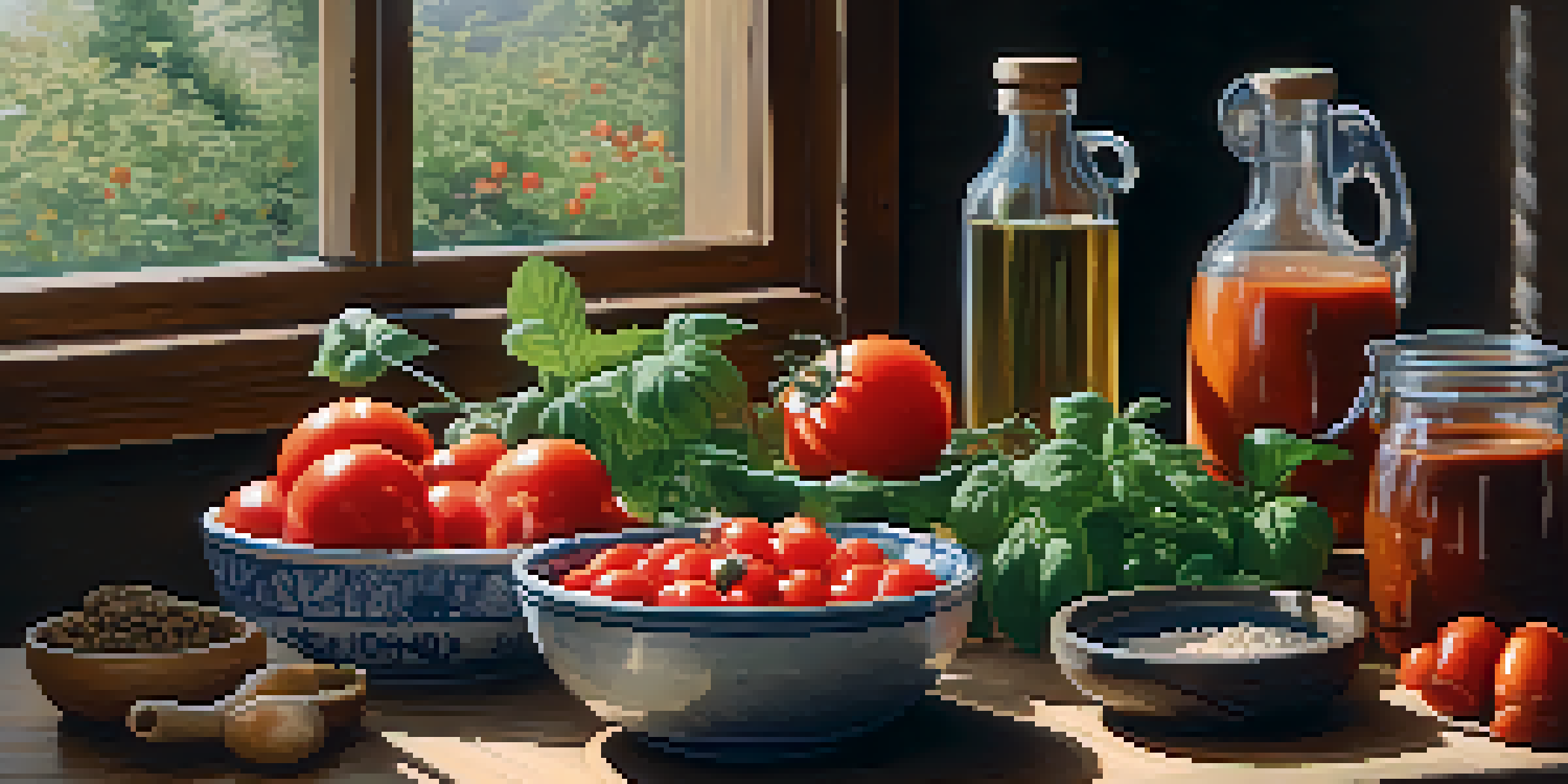 A rustic kitchen table filled with fresh tomatoes, various mushrooms, and a bowl of miso paste, illuminated by soft natural light.