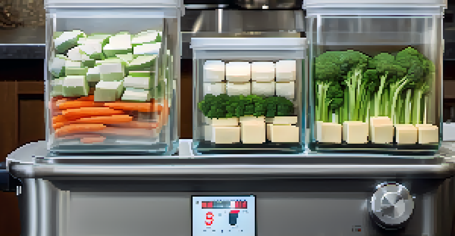 A close-up of a sous vide setup with tofu and vegetables in vacuum-sealed bags, showing a digital thermometer.