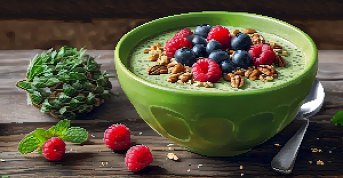 A colorful bowl of smoothie topped with chia seeds, flaxseeds, and walnuts, on a wooden table, with fresh berries and mint leaves.