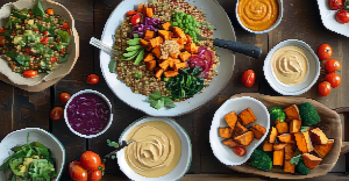 A diverse spread of colorful vegan dishes on a wooden table, including quinoa salad, roasted sweet potatoes, and hummus with vegetables.