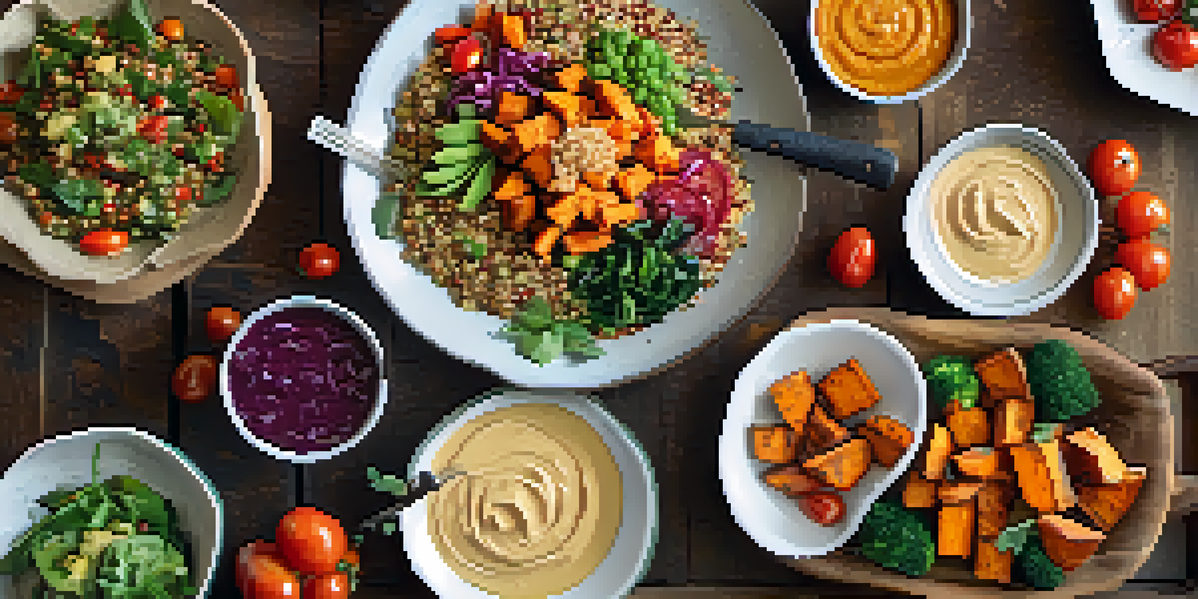 A diverse spread of colorful vegan dishes on a wooden table, including quinoa salad, roasted sweet potatoes, and hummus with vegetables.