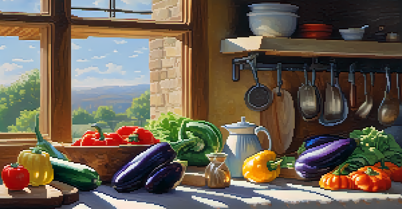 A chef preparing a colorful ratatouille in a rustic kitchen filled with fresh vegetables and sunlight.