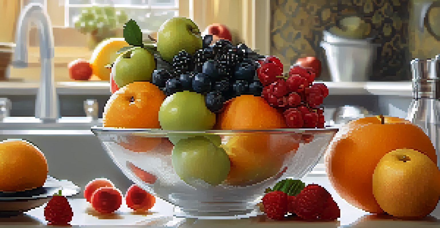 A close-up of a bowl filled with fresh fruits like berries, oranges, and apples, with water droplets reflecting light.