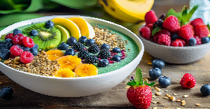 A colorful smoothie bowl with spirulina powder, fresh fruits, and chia seeds on a wooden table in a sunny kitchen.