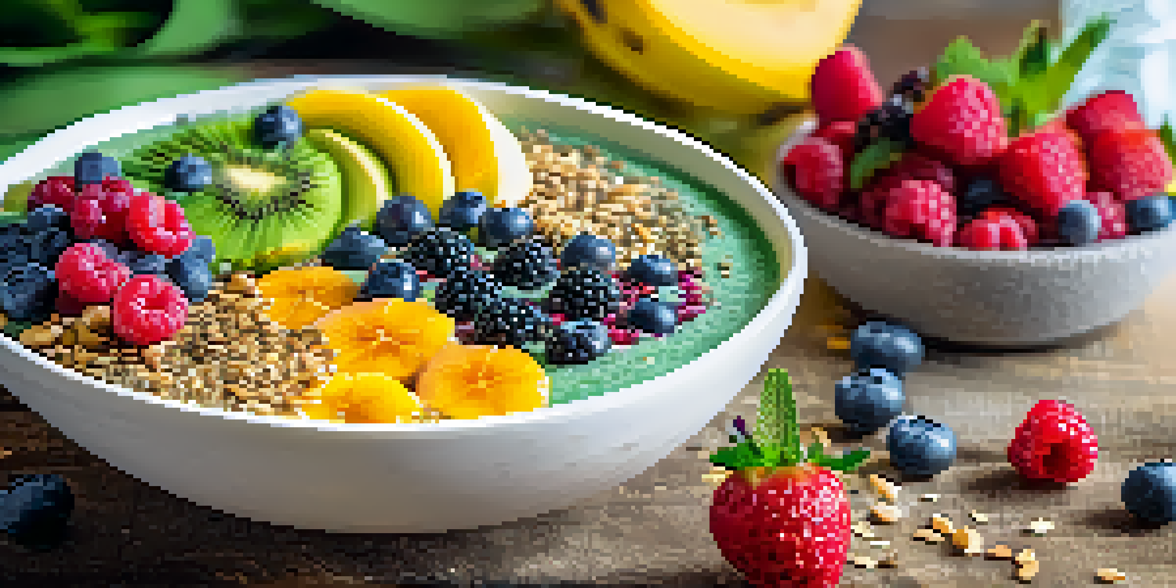 A colorful smoothie bowl with spirulina powder, fresh fruits, and chia seeds on a wooden table in a sunny kitchen.