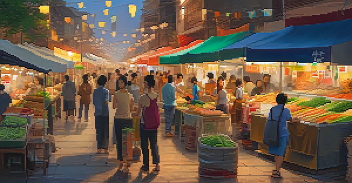 A lively Asian street food market with vendors serving colorful vegan dishes and a bustling crowd enjoying the food.