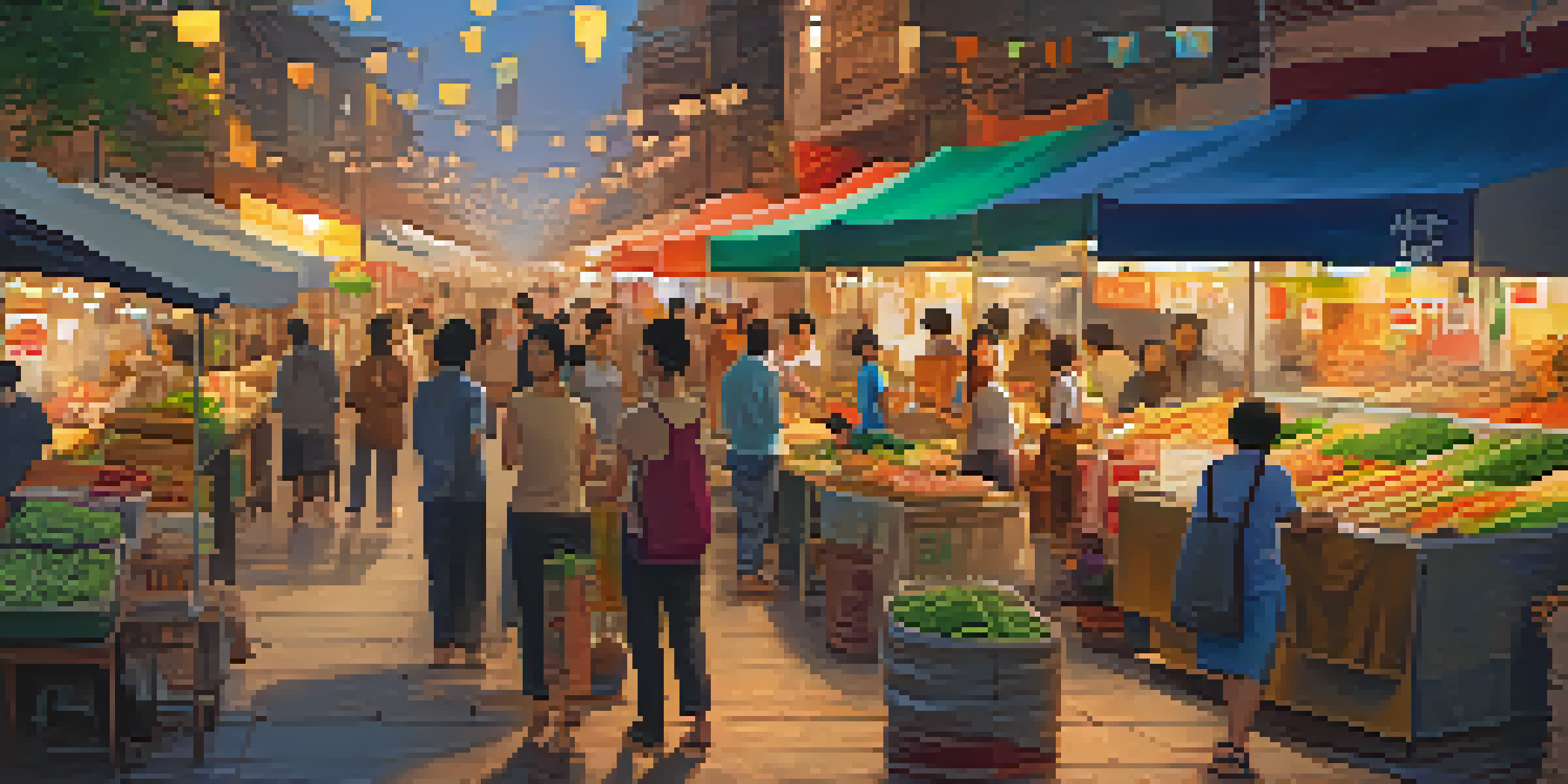 A lively Asian street food market with vendors serving colorful vegan dishes and a bustling crowd enjoying the food.