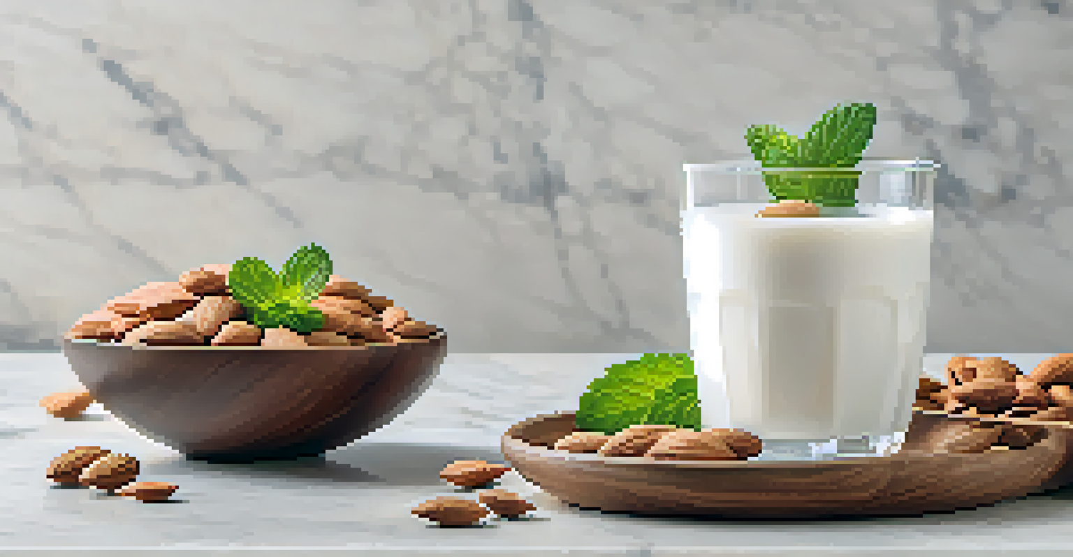 A glass of almond milk kefir surrounded by almonds and granola, on a marble countertop.