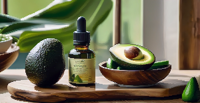 A skincare setup with a sliced avocado, bowls of honey and brown sugar, and an aloe vera leaf on a wooden table, illuminated by soft natural light.