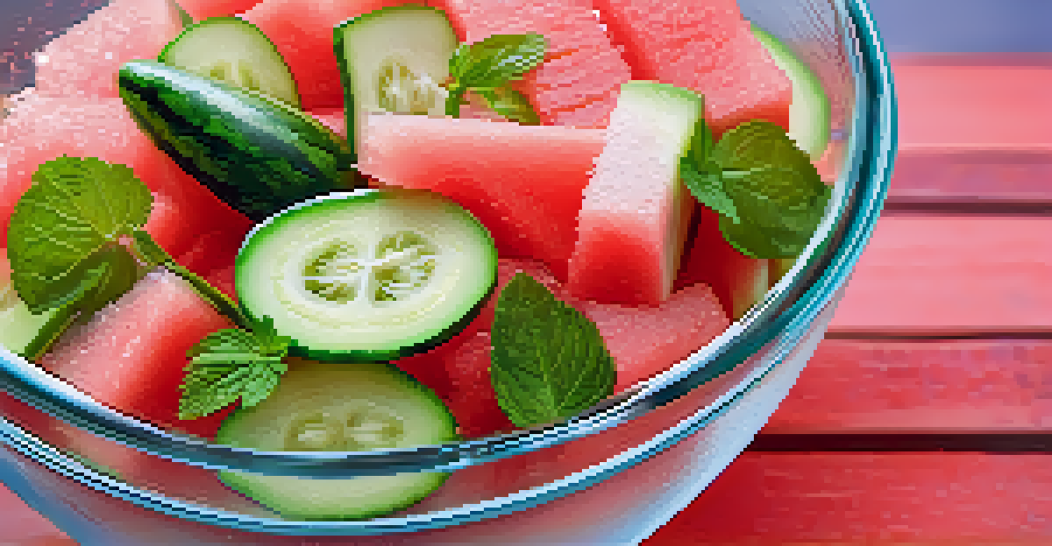A clear glass bowl of watermelon and cucumber salad garnished with mint leaves, glistening in sunlight.