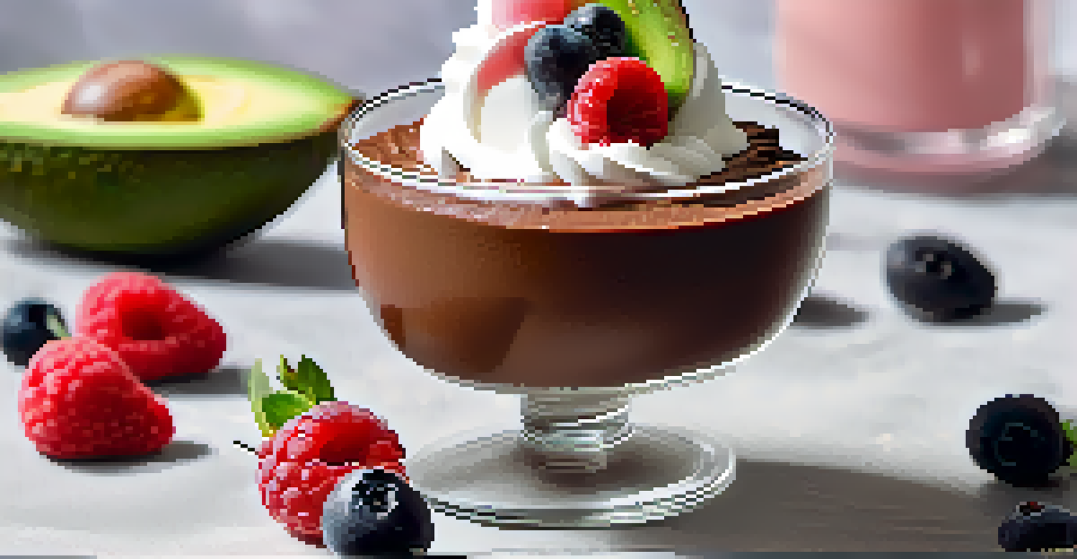 A glass cup filled with chocolate avocado mousse topped with berries and coconut whipped cream.