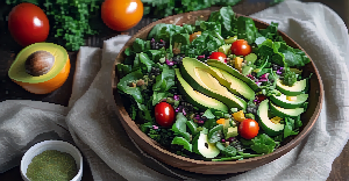An overhead view of a colorful vegan salad in a wooden bowl, with leafy greens, avocado, cherry tomatoes, and chia seeds, accompanied by a glass of plant milk, all bathed in natural light.