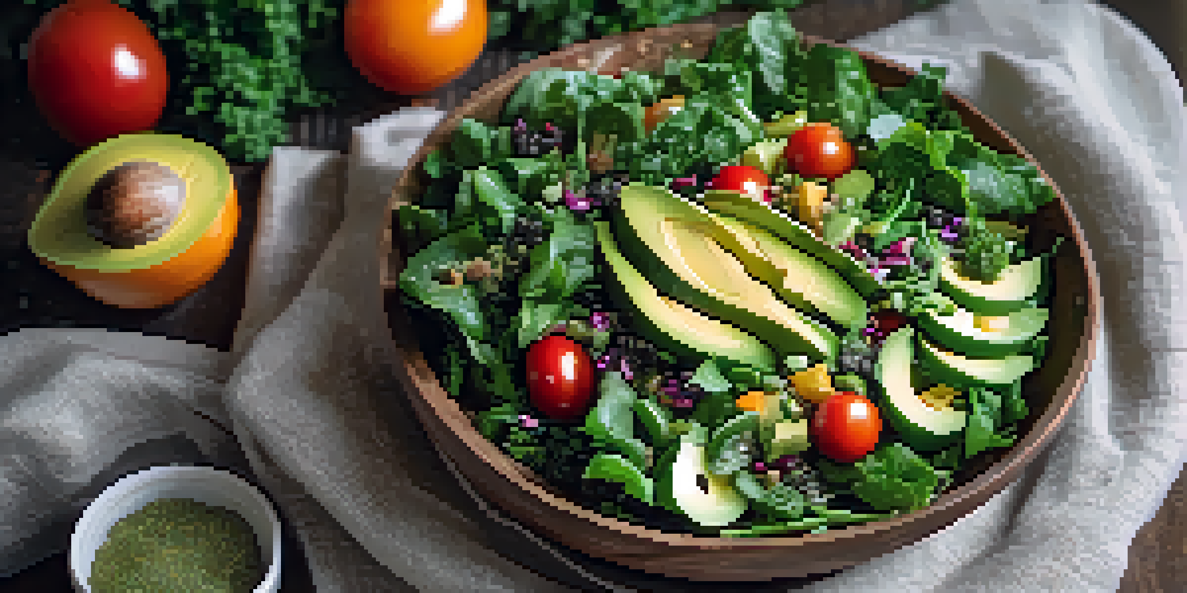 An overhead view of a colorful vegan salad in a wooden bowl, with leafy greens, avocado, cherry tomatoes, and chia seeds, accompanied by a glass of plant milk, all bathed in natural light.