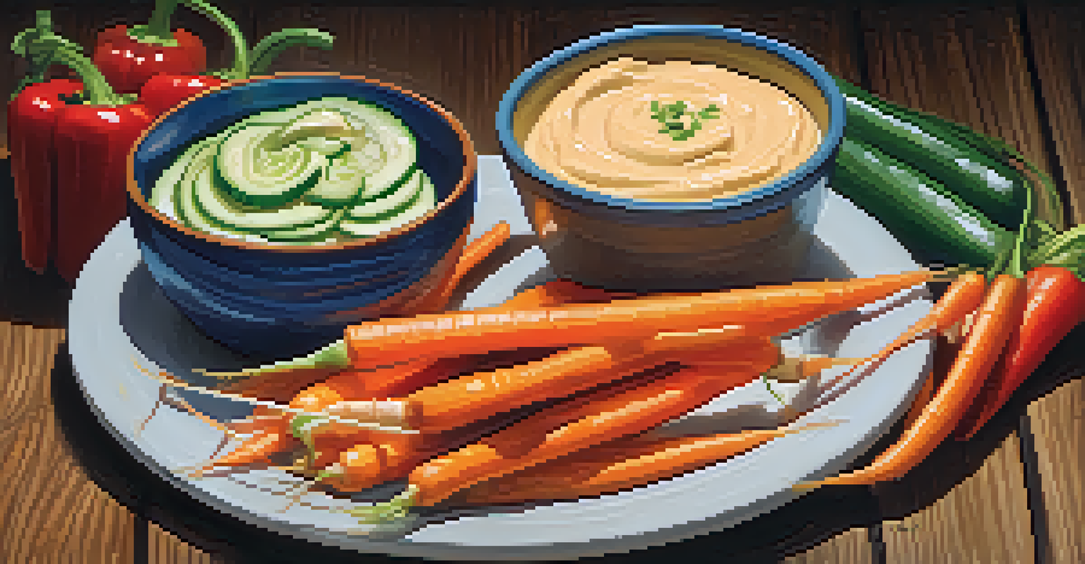 A plate of colorful vegetable sticks and a bowl of hummus on a wooden table, capturing the freshness and colors of the snack.