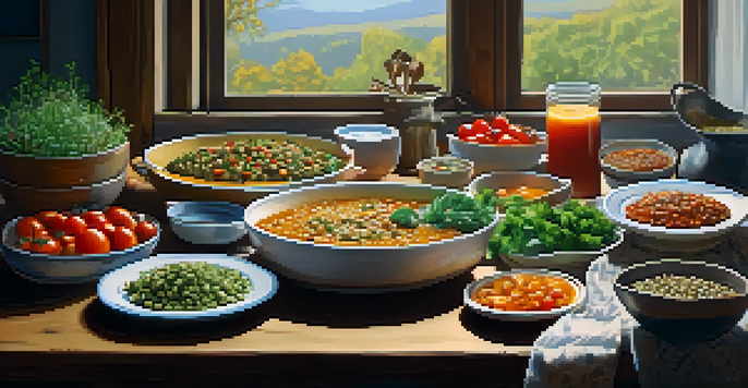 A beautifully arranged vegan meal with quinoa salad, lentil soup, and roasted vegetables on a wooden table, illuminated by soft natural light.