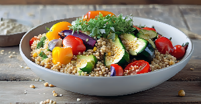 A colorful and nutritious grain bowl with quinoa, roasted vegetables, and tahini dressing on a wooden table.