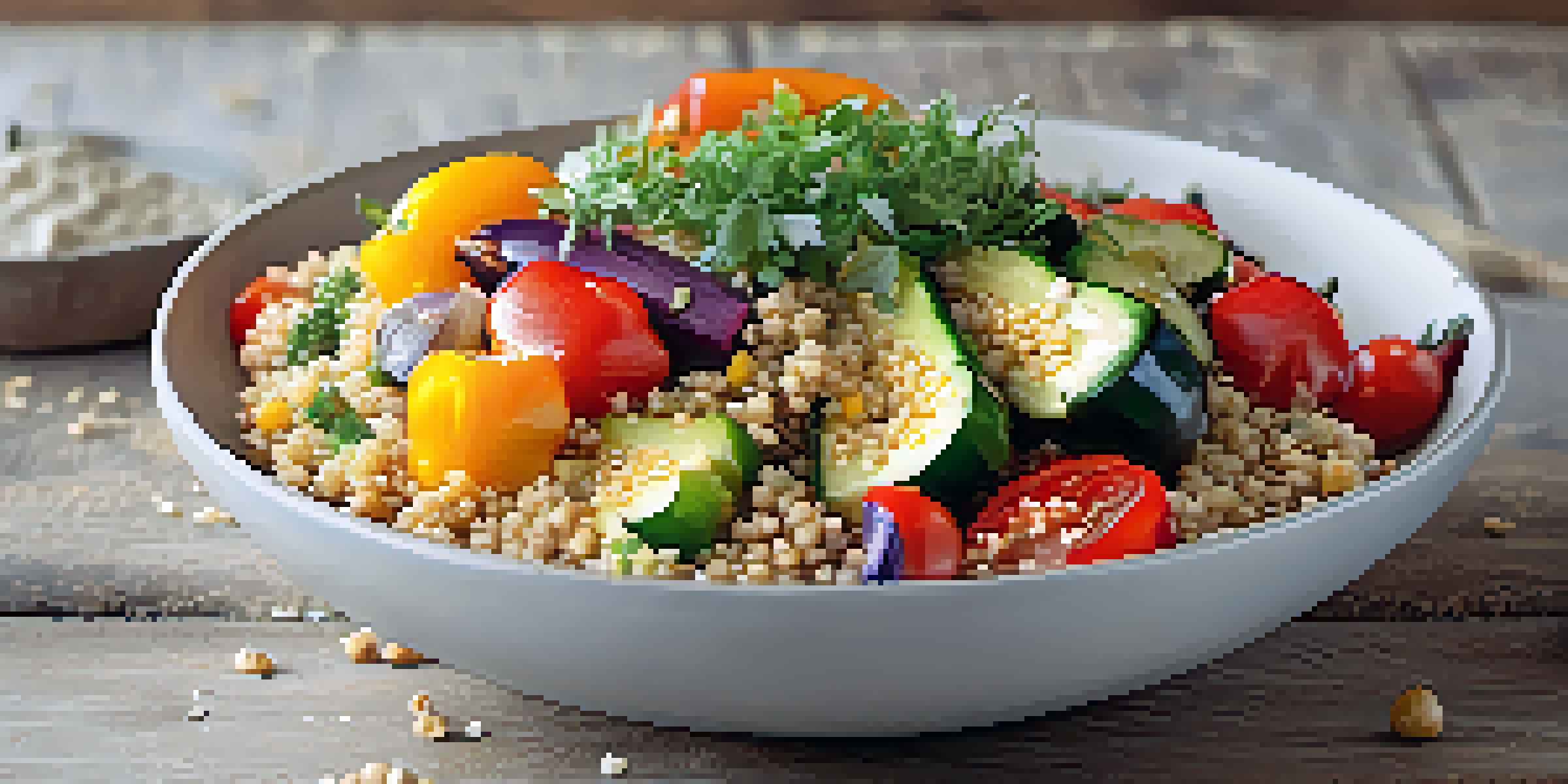 A colorful and nutritious grain bowl with quinoa, roasted vegetables, and tahini dressing on a wooden table.