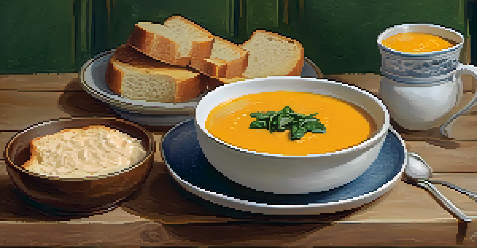 A bowl of creamy butternut squash soup with spinach, accompanied by whole-grain bread.
