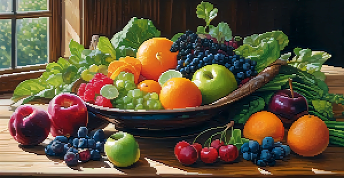 A colorful assortment of fruits and vegetables on a wooden table, showcasing a healthy vegan diet.