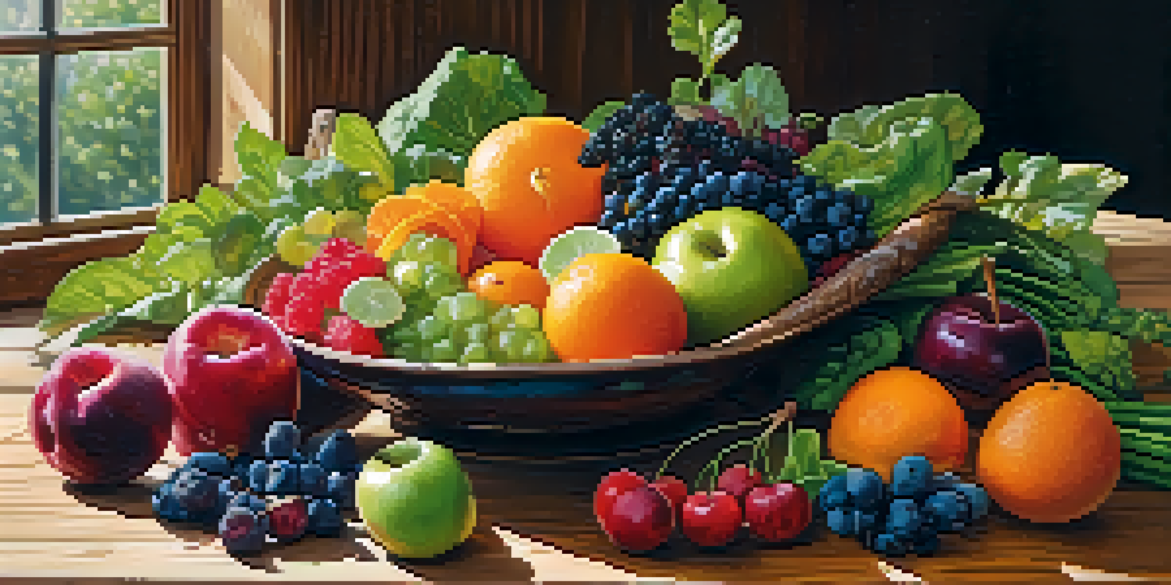 A colorful assortment of fruits and vegetables on a wooden table, showcasing a healthy vegan diet.