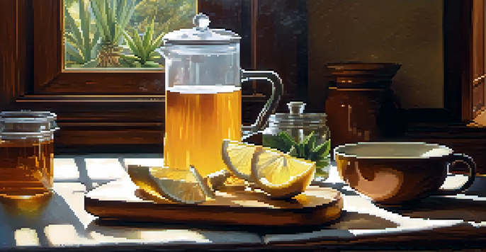 A cozy kitchen with a steaming cup of herbal tea, ginger, and lemon on a wooden table, illuminated by warm sunlight.